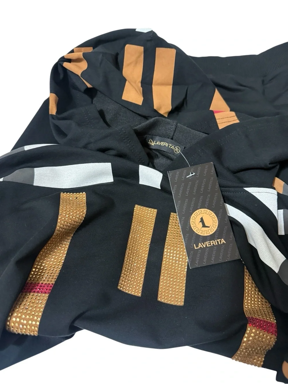 LAVERITA Black Hoodie with Geometric Tan, White & Red Block Pattern. new. large